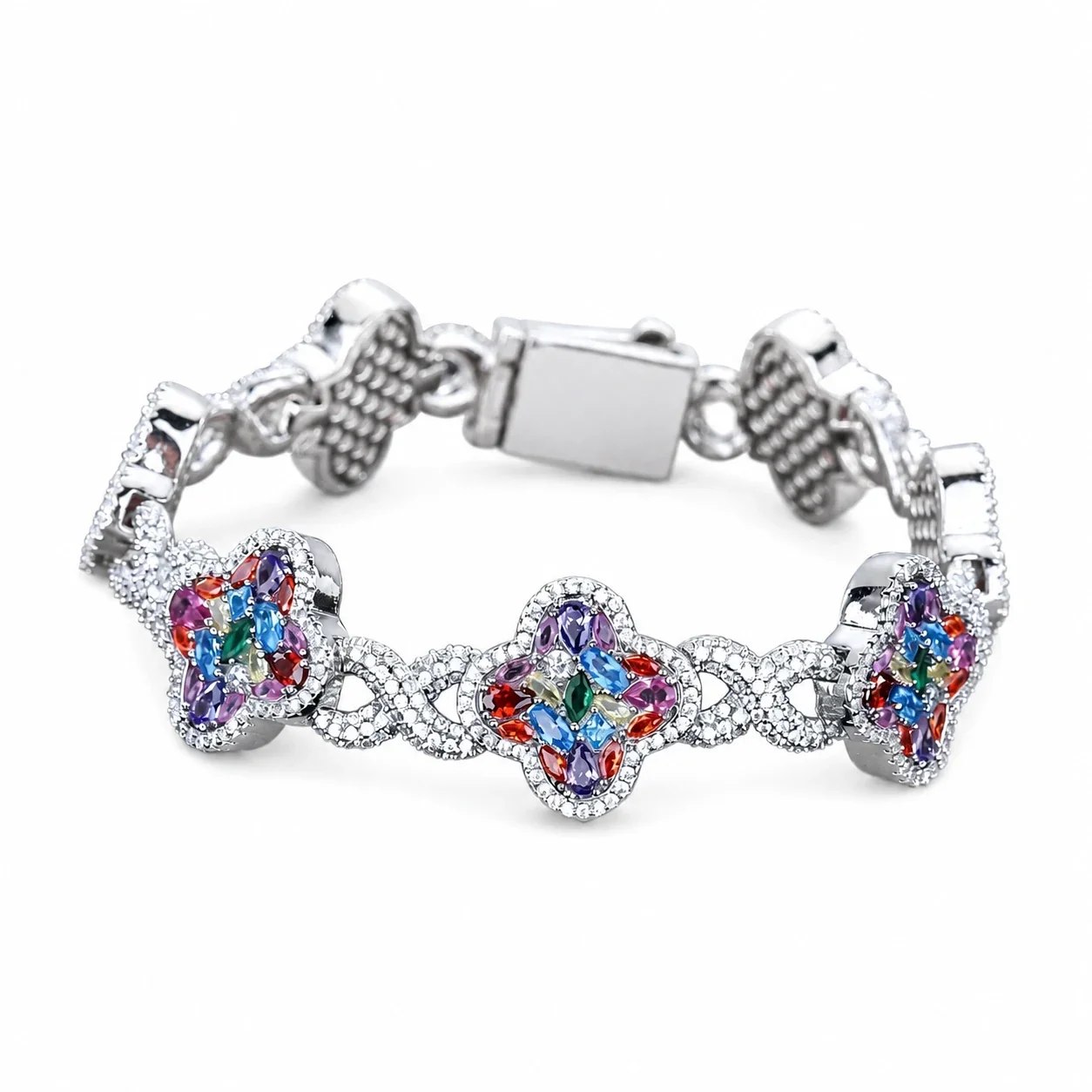 Ornate Stainless Steel Clover Marquise CZ Chain Bracelet