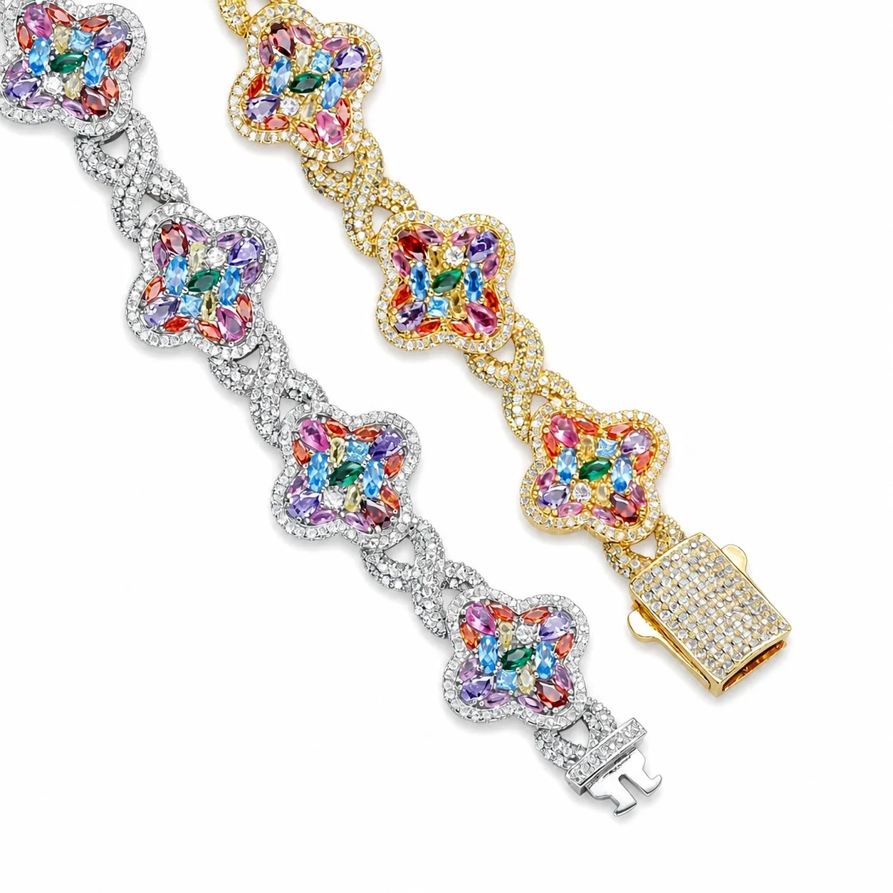 Ornate Stainless Steel Clover Marquise CZ Chain Bracelet