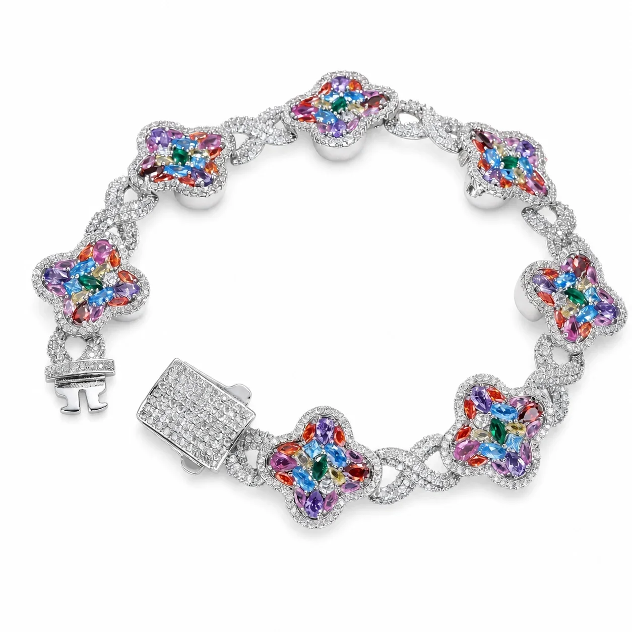 Ornate Stainless Steel Clover Marquise CZ Chain Bracelet