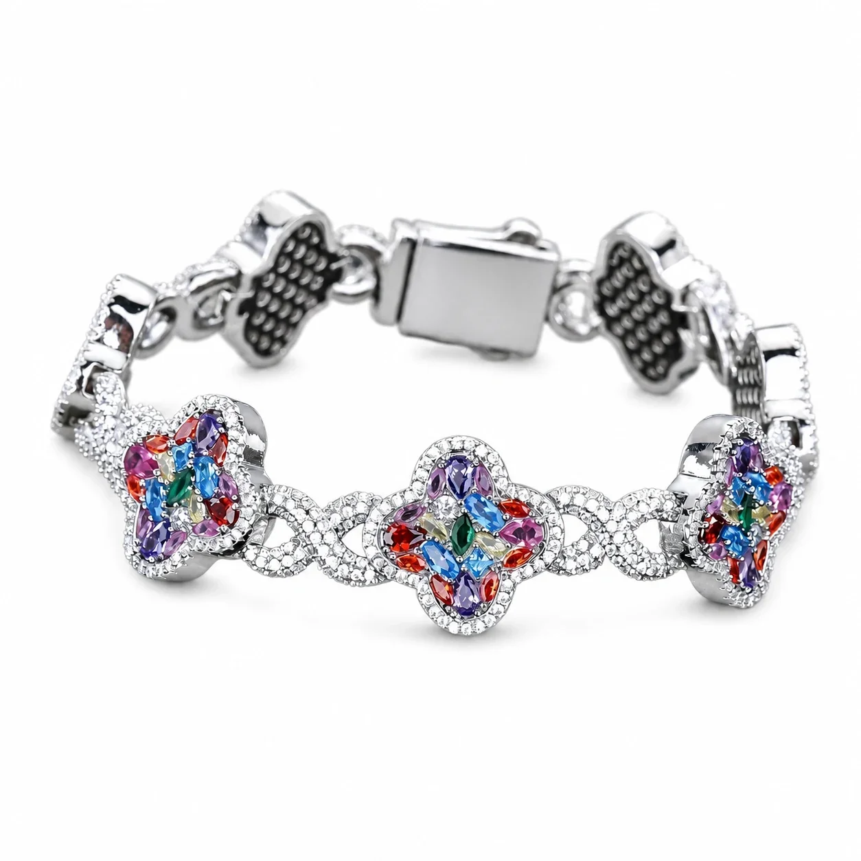 Ornate Stainless Steel Clover Marquise CZ Chain Bracelet - Silver