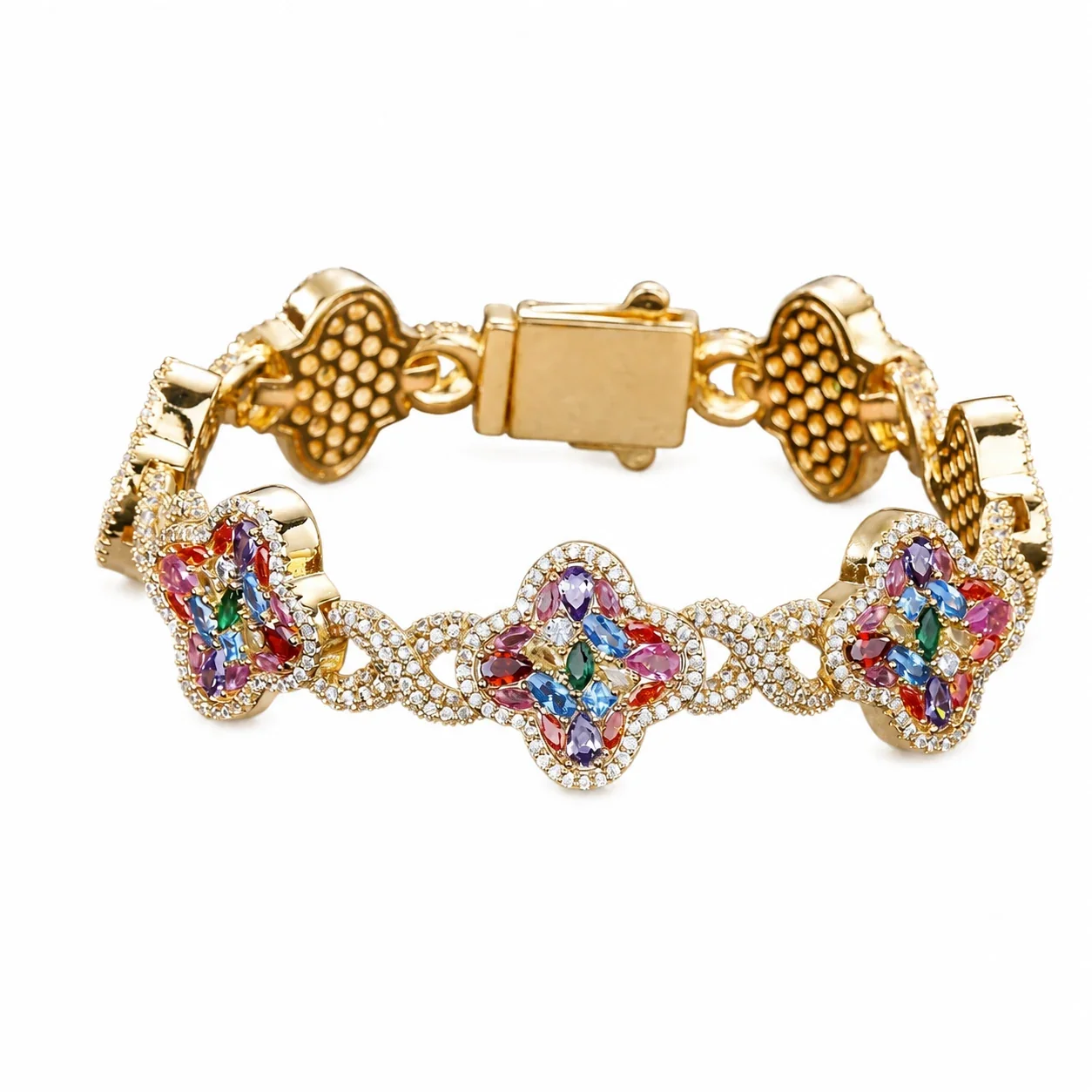 Ornate Stainless Steel Clover Marquise CZ Chain Bracelet - Gold
