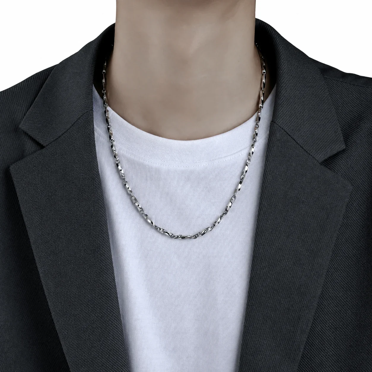 Sculpted Silver-Tone Stainless Steel Twisted Link Chain Necklace