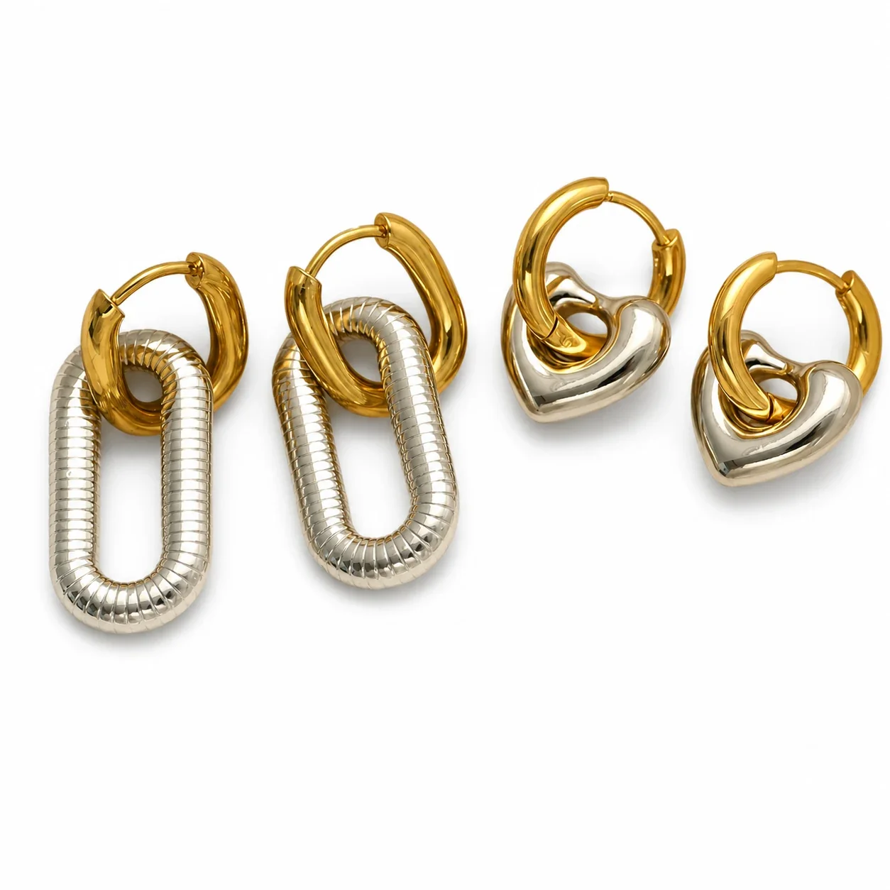 Sculptural Gold PVD Heart & Oval Hoop Earrings