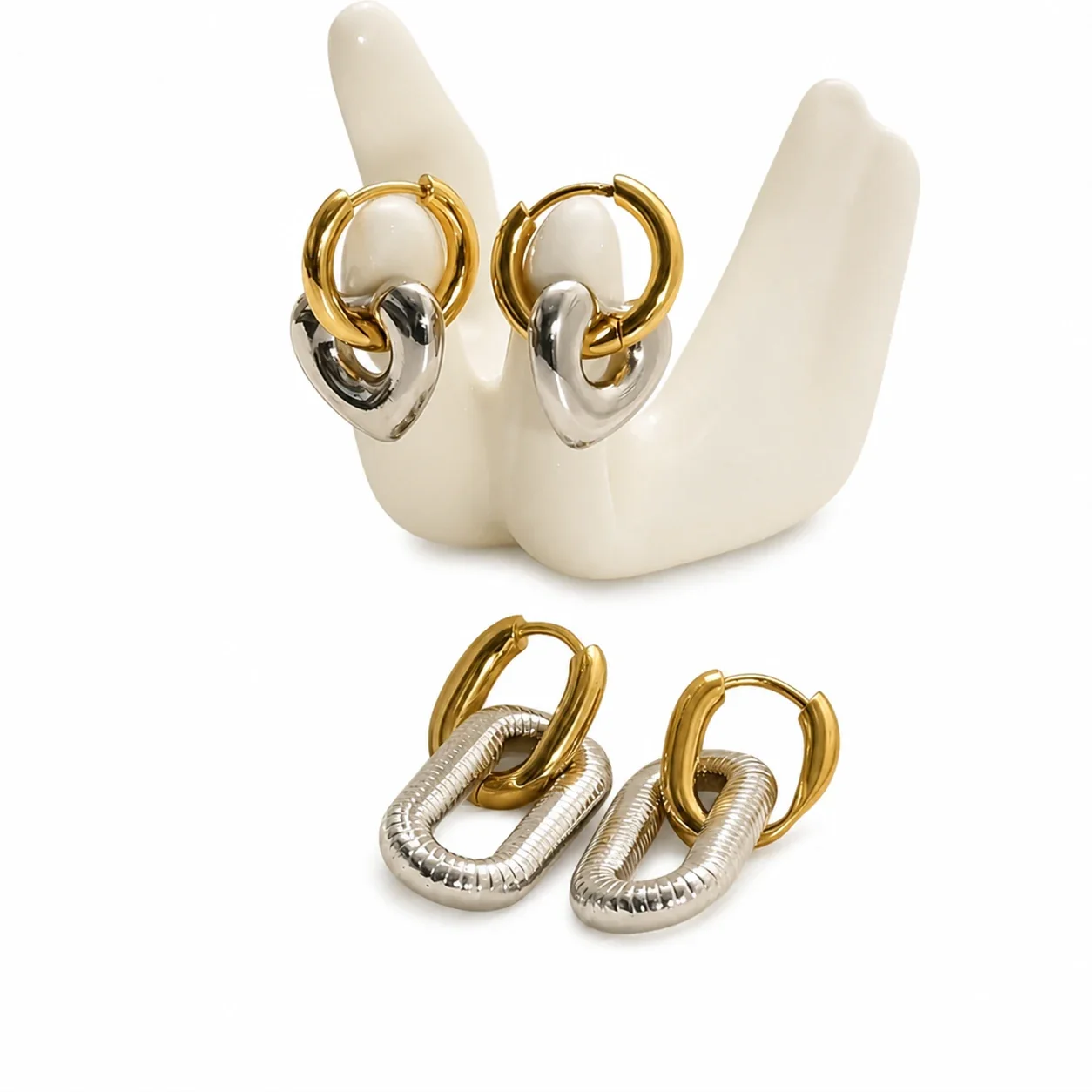 Sculptural Gold PVD Heart & Oval Hoop Earrings