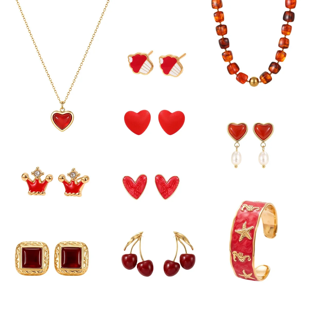 Parure de bijoux, cœur rouge et cerise, acier inoxydable plaqué or 18K