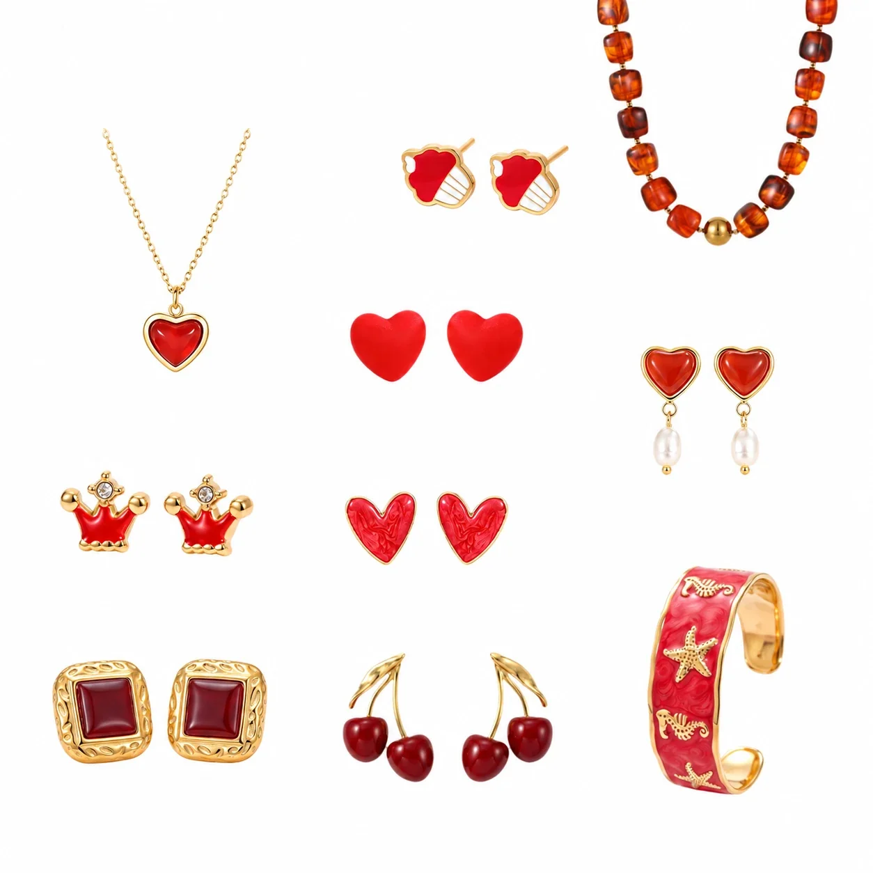 Photo produit : Parure de bijoux, cœur rouge et cerise, acier inoxydable plaqué or 18K