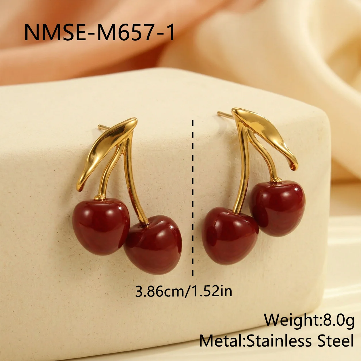 Photo produit : Parure de bijoux, cœur rouge et cerise, acier inoxydable plaqué or 18K