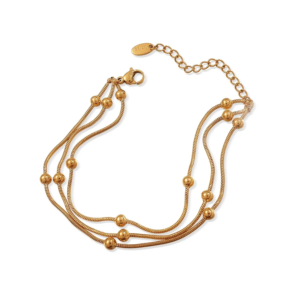 Three-Strand Snake Chain Bead Gold-Plated Steel Bracelet