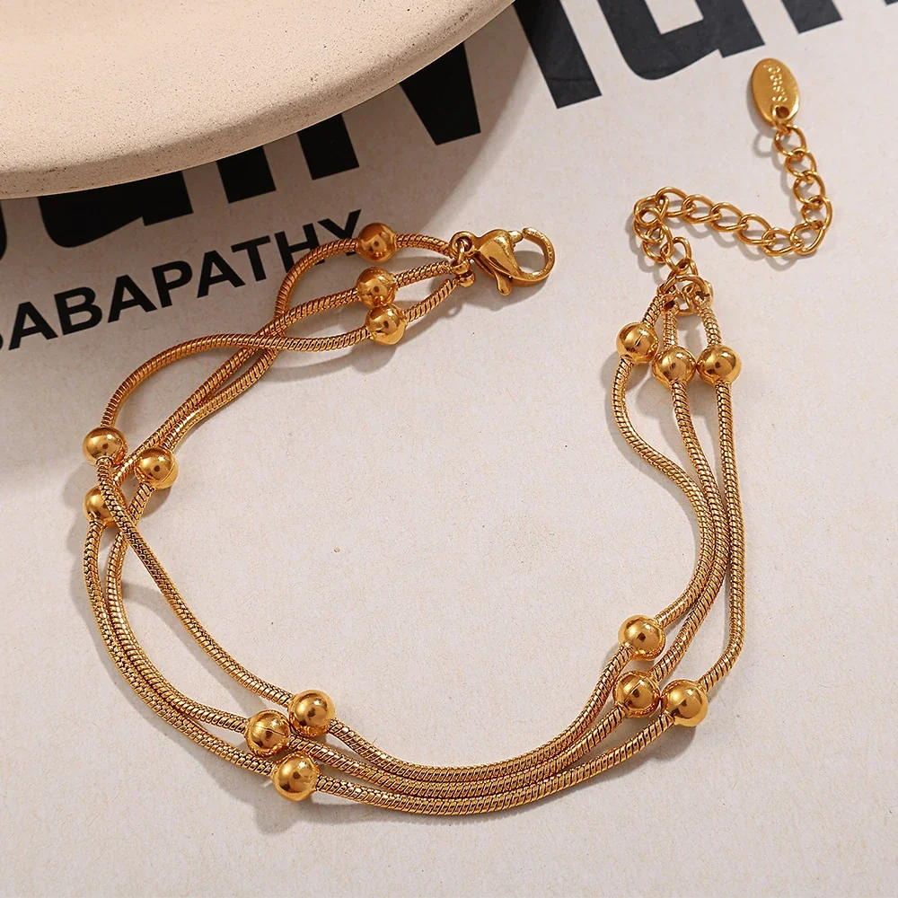 Three-Strand Snake Chain Bead Gold-Plated Steel Bracelet