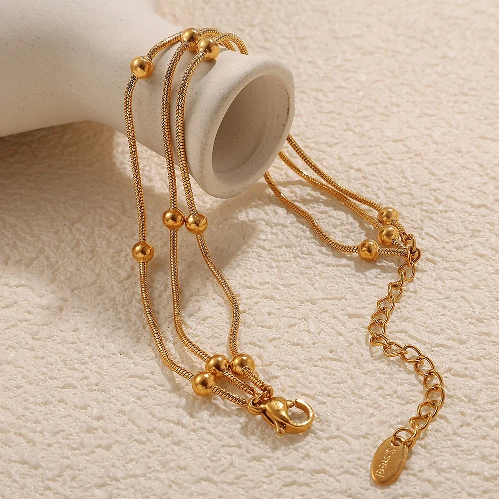 Three-Strand Snake Chain Bead Gold-Plated Steel Bracelet