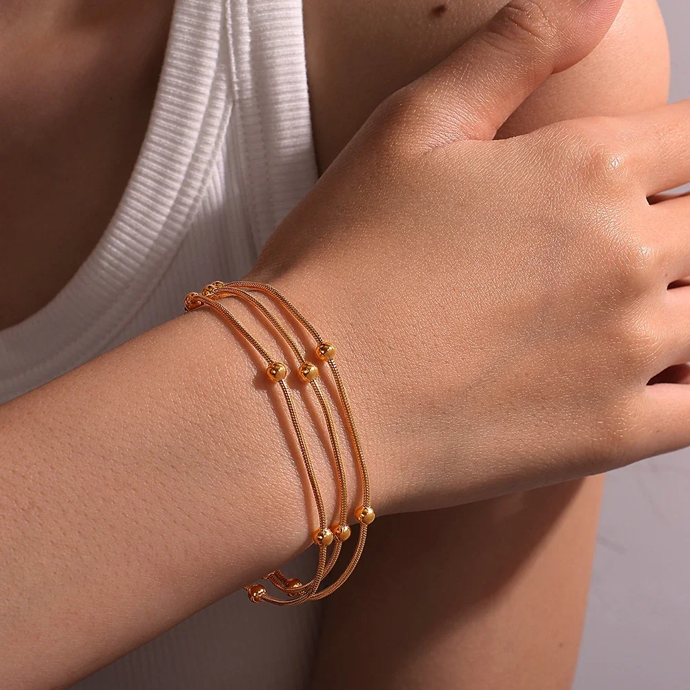 Three-Strand Snake Chain Bead Gold-Plated Steel Bracelet