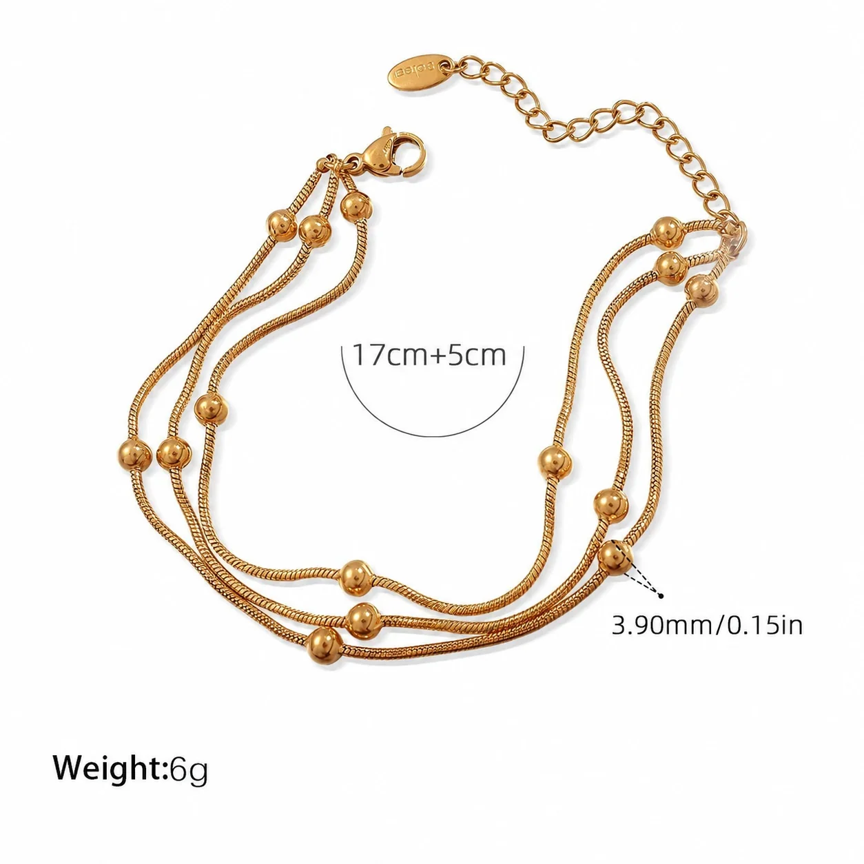 Three-Strand Snake Chain Bead Gold-Plated Steel Bracelet - Gold