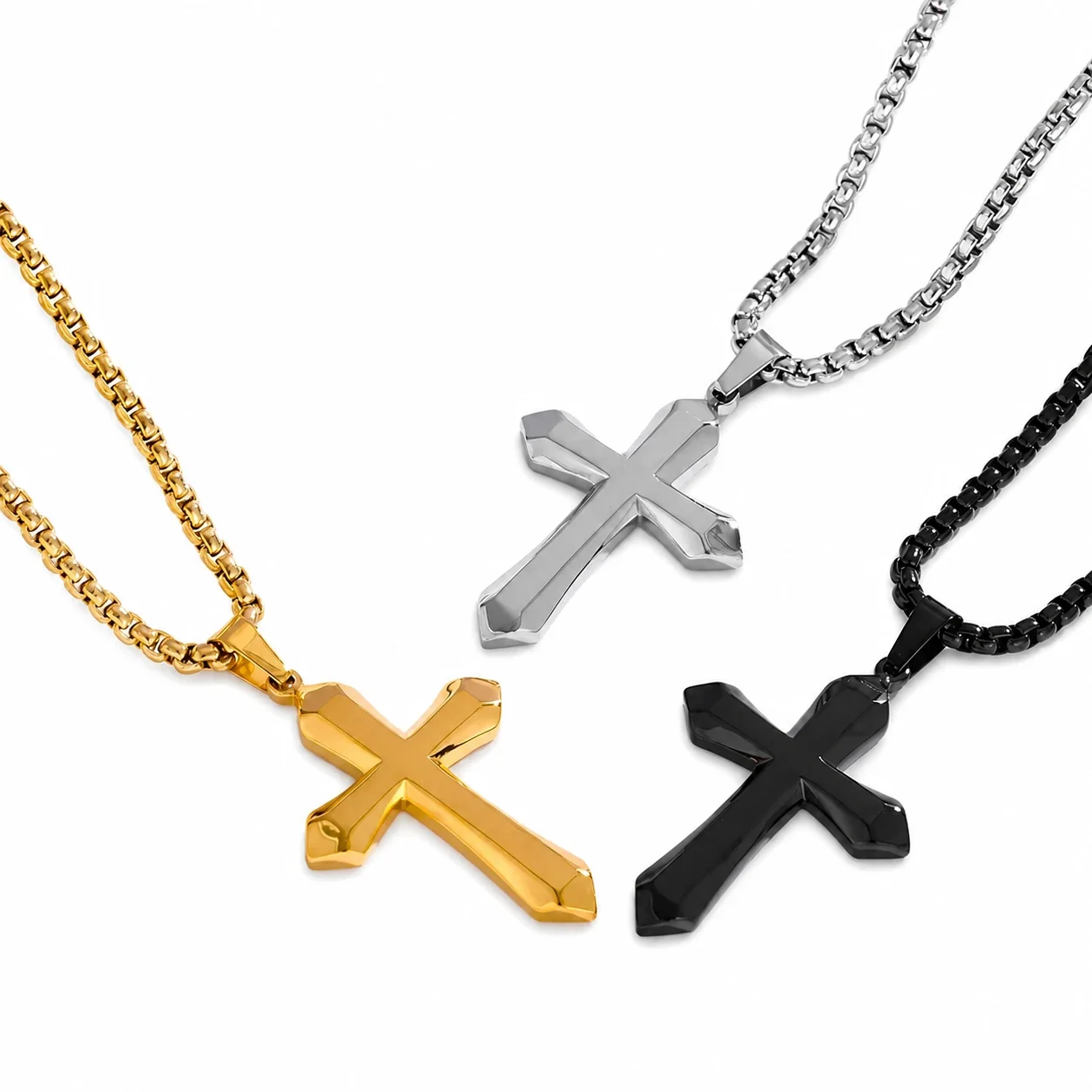 Bold 316 Stainless Steel Faceted Cross Pendant Necklace