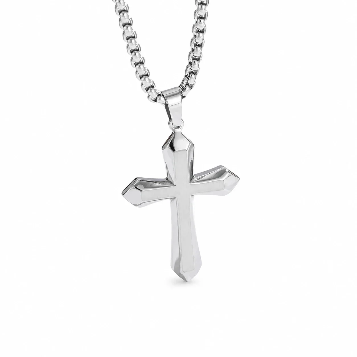 Bold 316 Stainless Steel Faceted Cross Pendant Necklace - Silver Cross