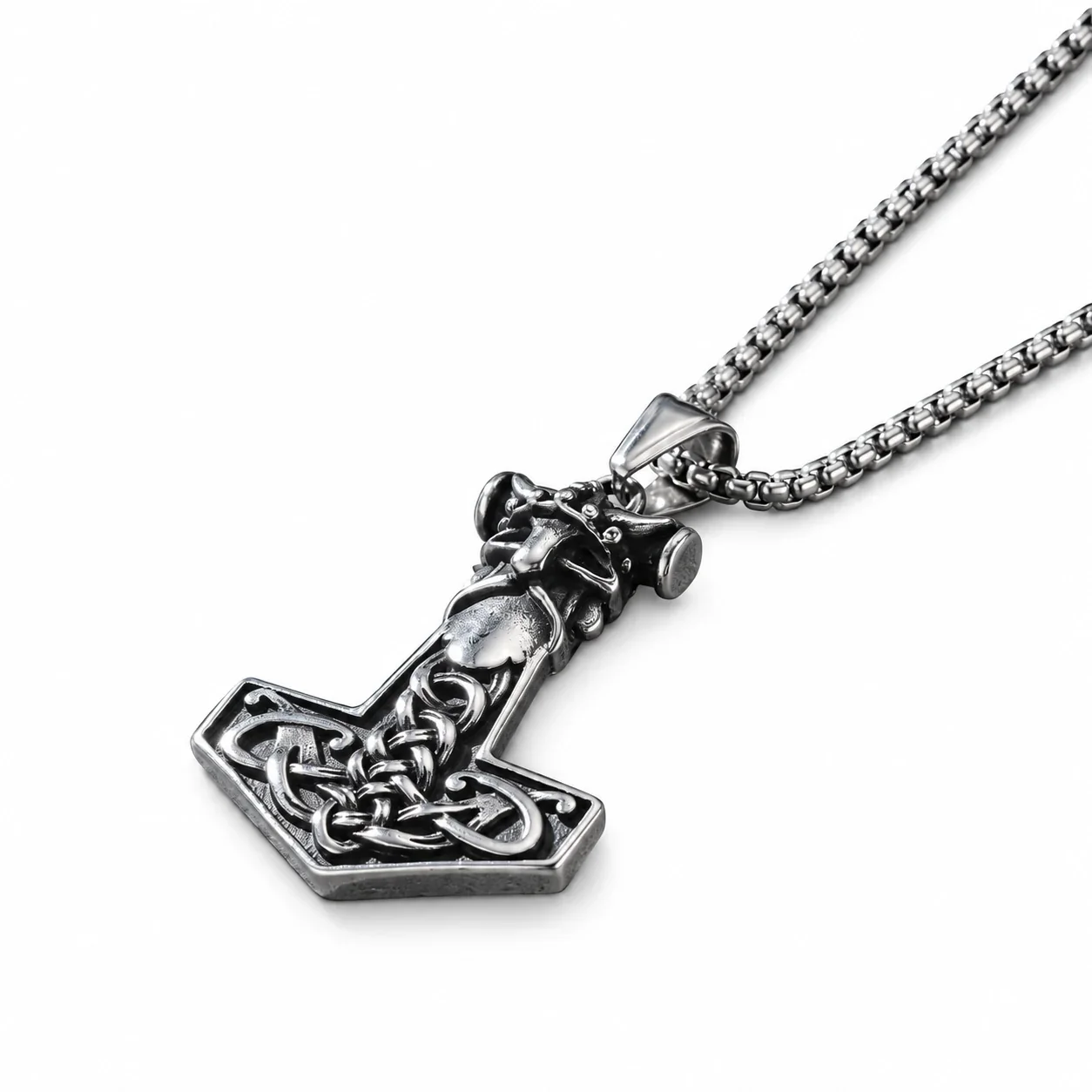 Necklace: Thor's Hammer Wolf Head Celtic Knot Stainless Steel