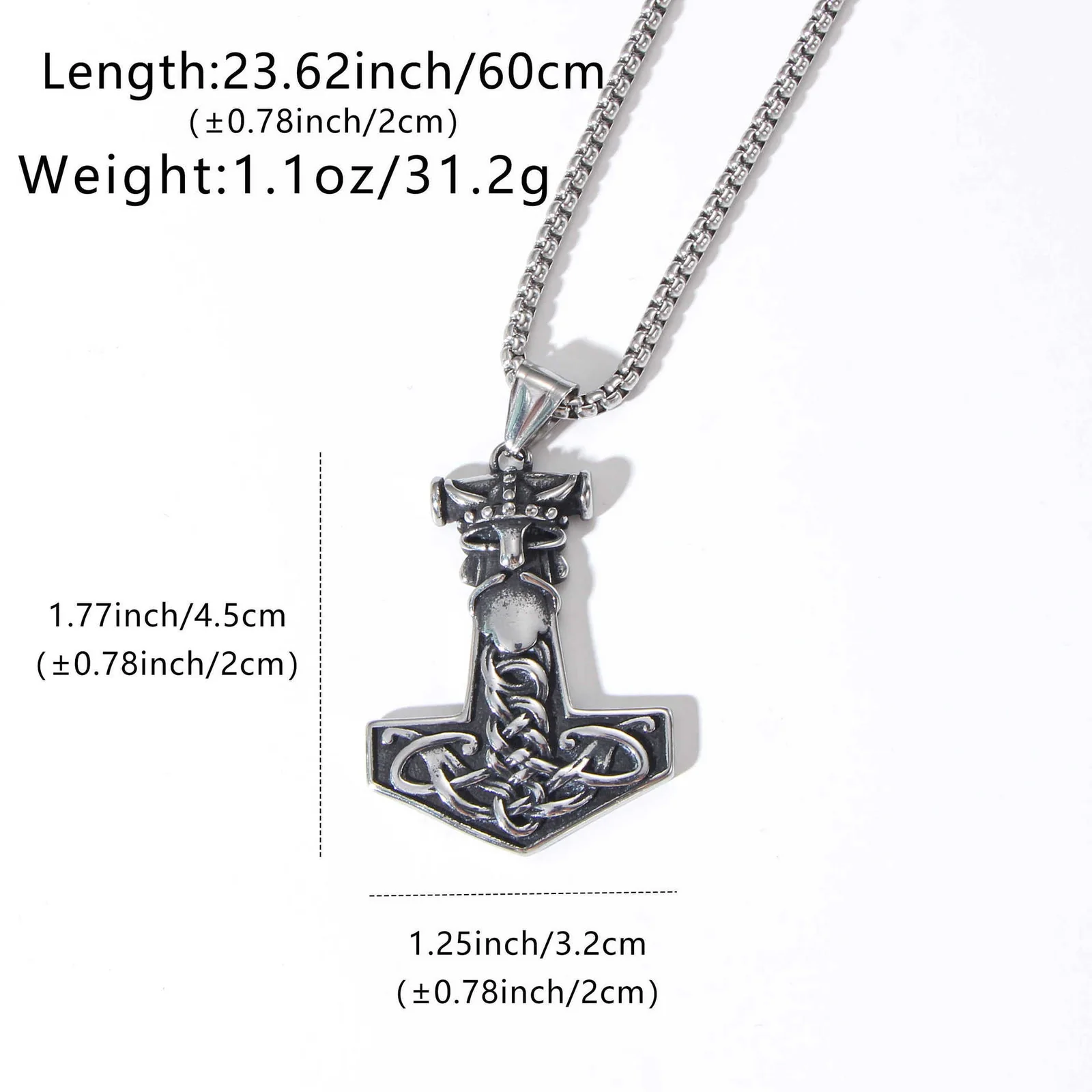 Necklace: Thor's Hammer Wolf Head Celtic Knot Stainless Steel - Dimensions