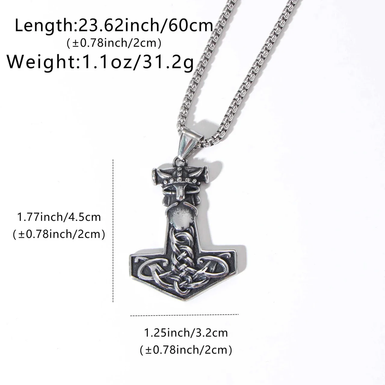 Necklace: Thor's Hammer Wolf Head Celtic Knot Stainless Steel - Silver