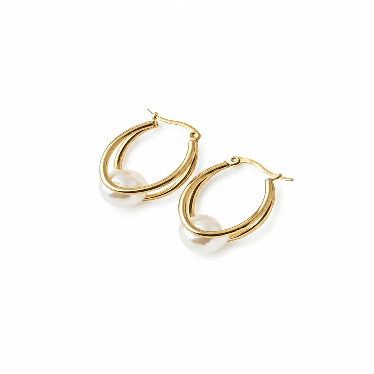 Lustrous Gold PVD 316 Double Hoop Pearl Earrings