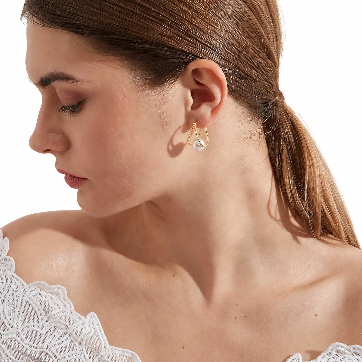 Lustrous Gold PVD 316 Double Hoop Pearl Earrings