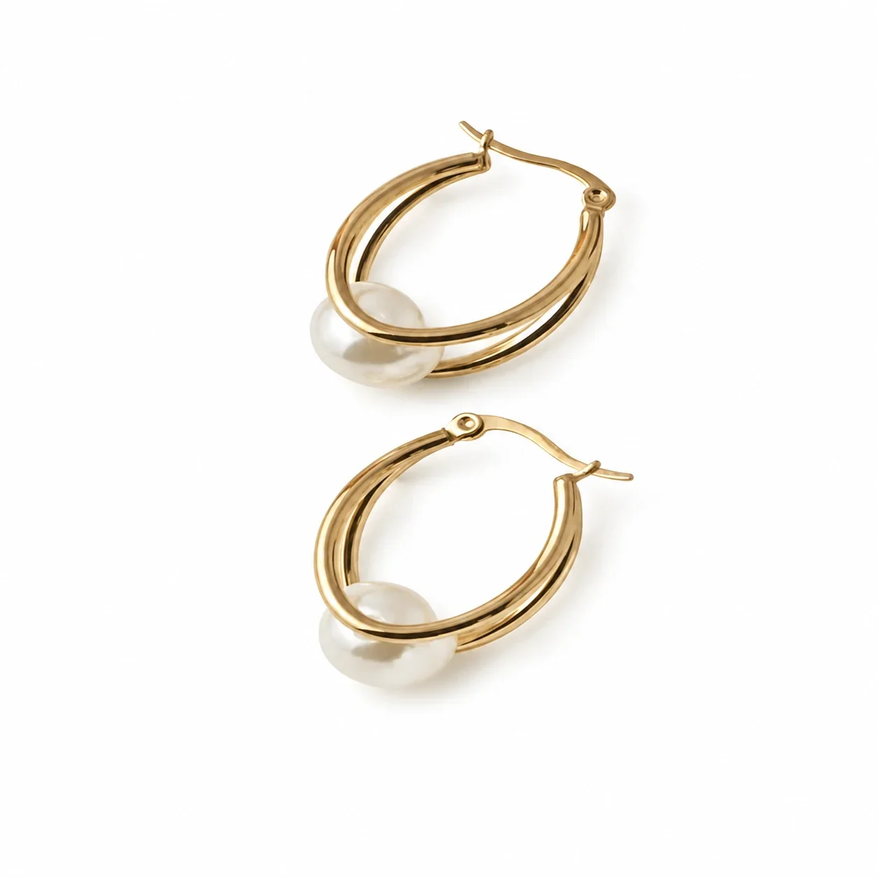 Lustrous Gold PVD 316 Double Hoop Pearl Earrings