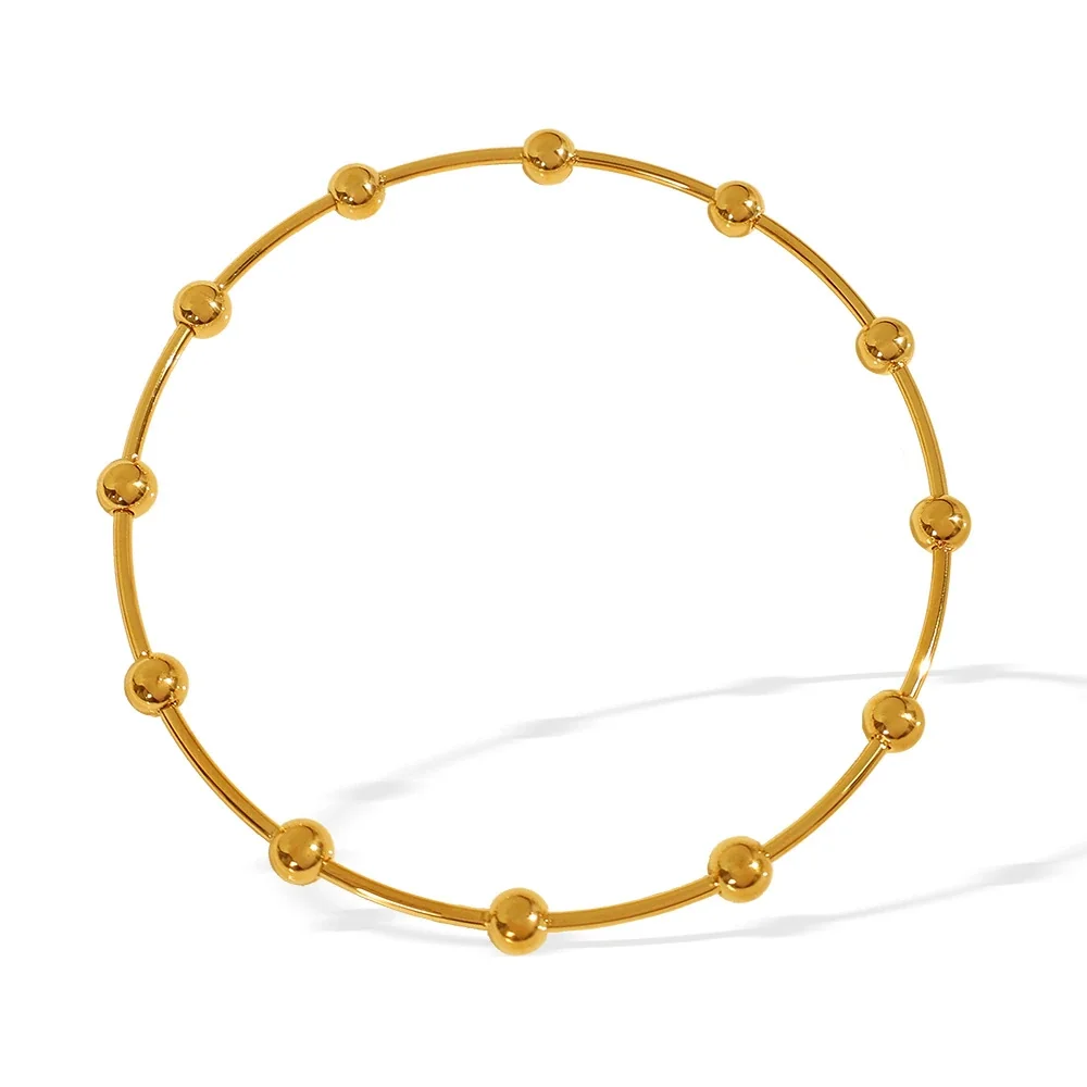Beaded Open Bangle with Round Stations, Gold-Plated Steel