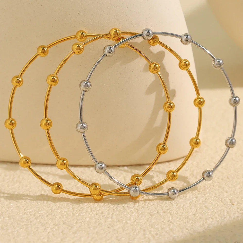 Beaded Open Bangle with Round Stations, Gold-Plated Steel