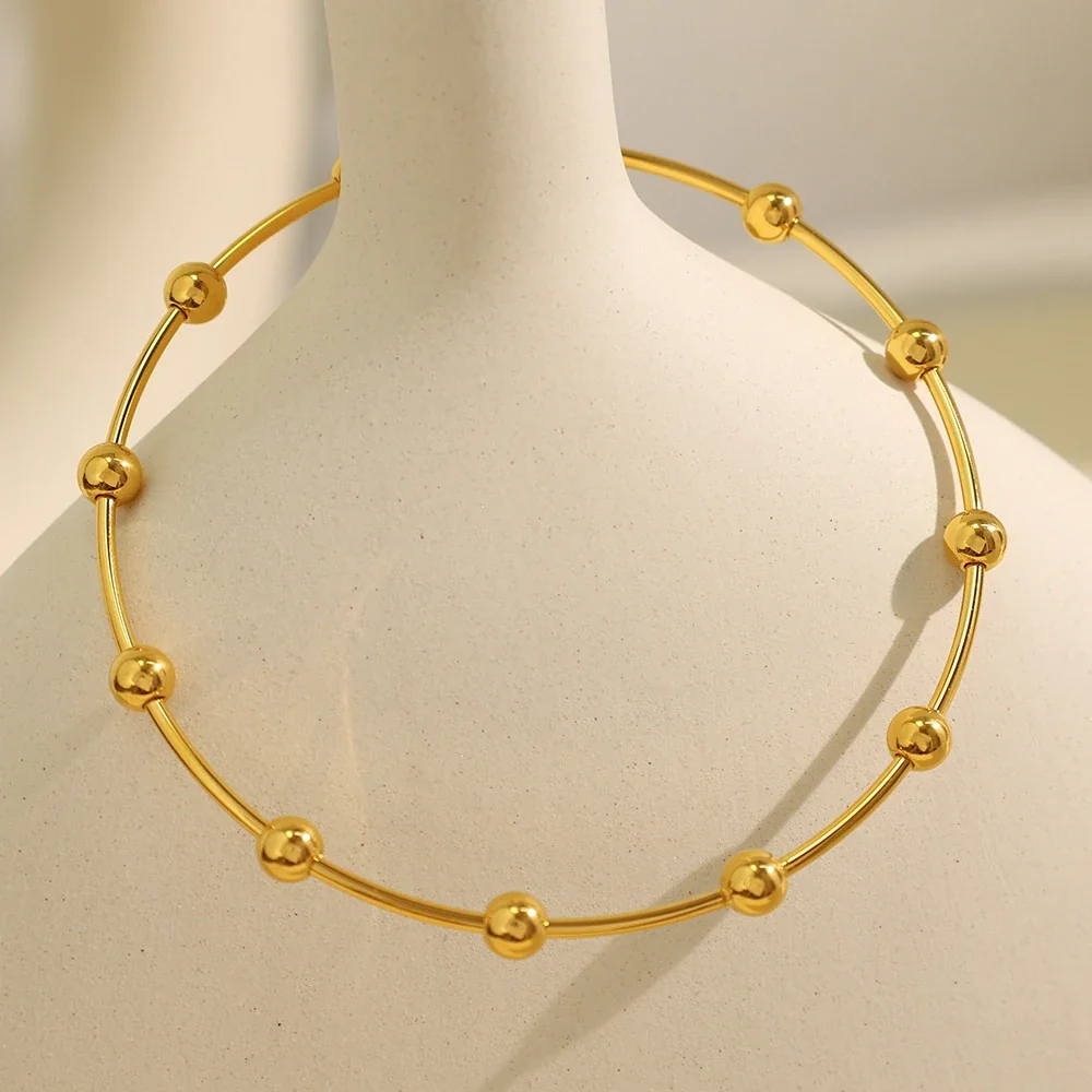 Beaded Open Bangle with Round Stations, Gold-Plated Steel