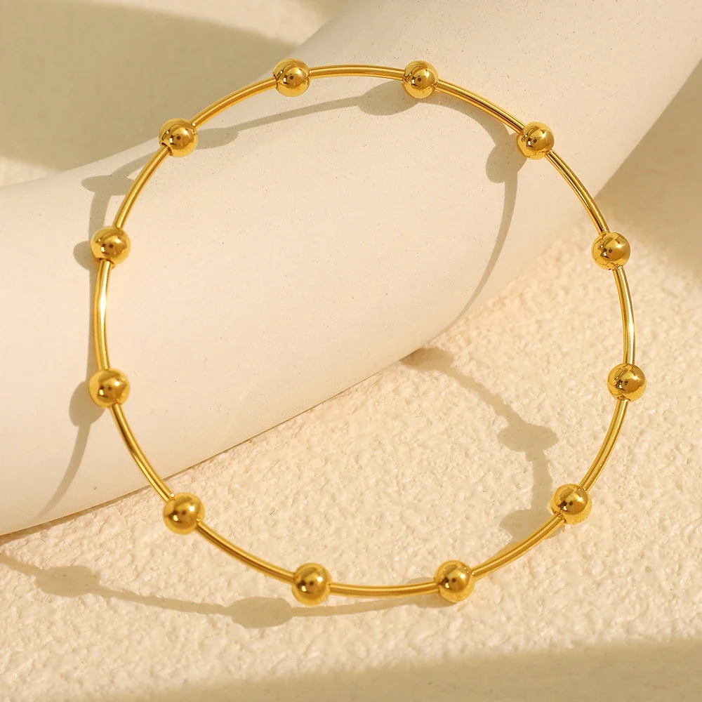 Beaded Open Bangle with Round Stations, Gold-Plated Steel