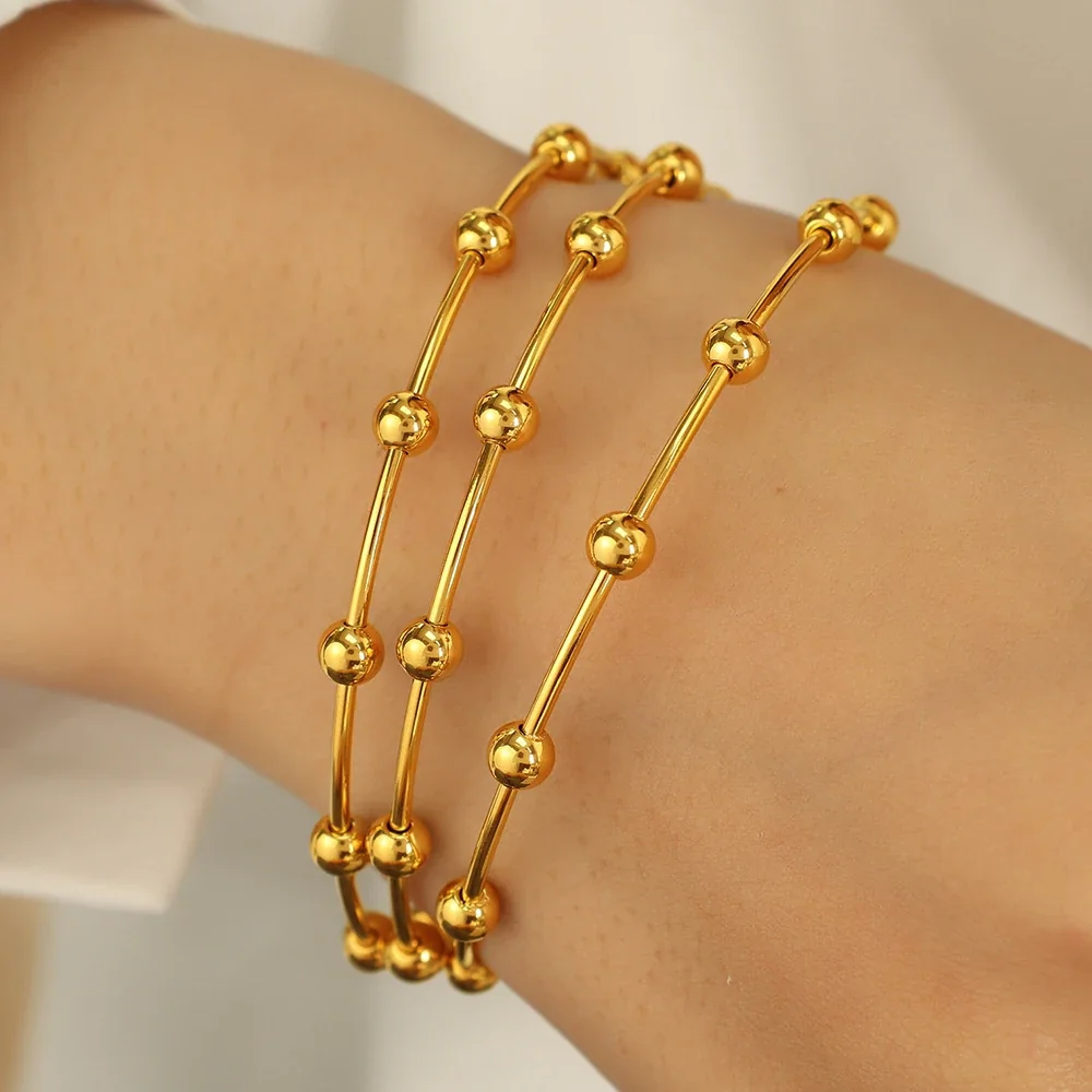 Beaded Open Bangle with Round Stations, Gold-Plated Steel