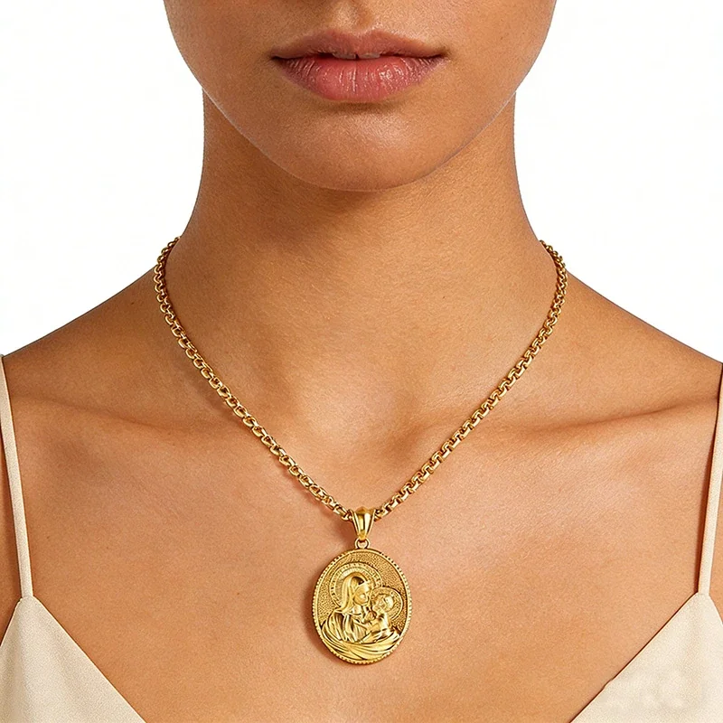Sacred 18K Gold-Plated Oval Madonna Box Chain Necklace