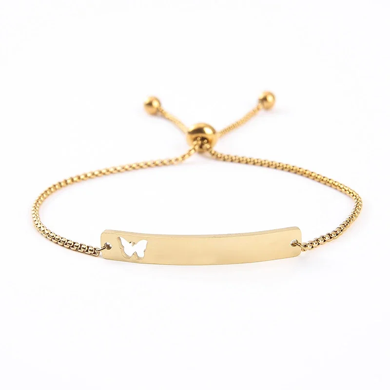 Bracelet Curved ID Bar with Openwork Motif, Stainless Steel - Gold Openwork Butterfly Bar
