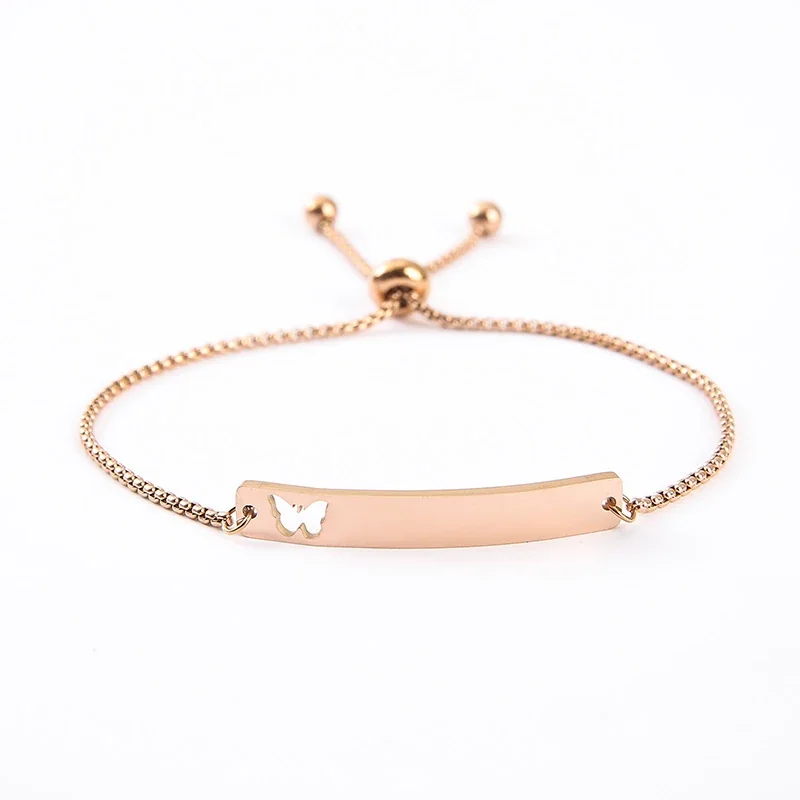 Bracelet Curved ID Bar with Openwork Motif, Stainless Steel - Rose Gold Openwork Butterfly Bar