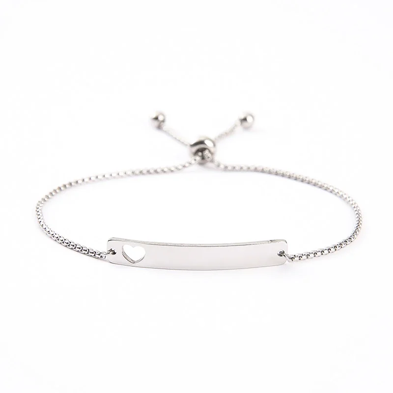 Bracelet Curved ID Bar with Openwork Motif, Stainless Steel - Silver Openwork Heart Bar