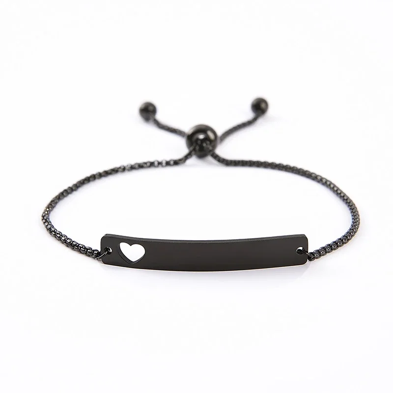 Bracelet Curved ID Bar with Openwork Motif, Stainless Steel - Black Openwork Heart Bar