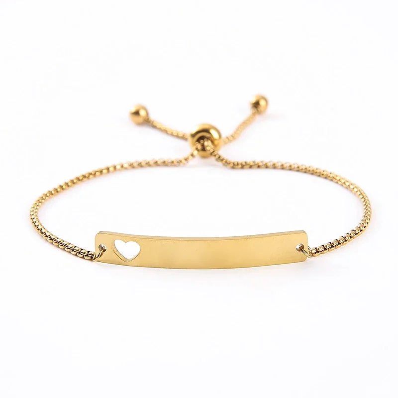 Bracelet Curved ID Bar with Openwork Motif, Stainless Steel - Gold Openwork Heart Bar