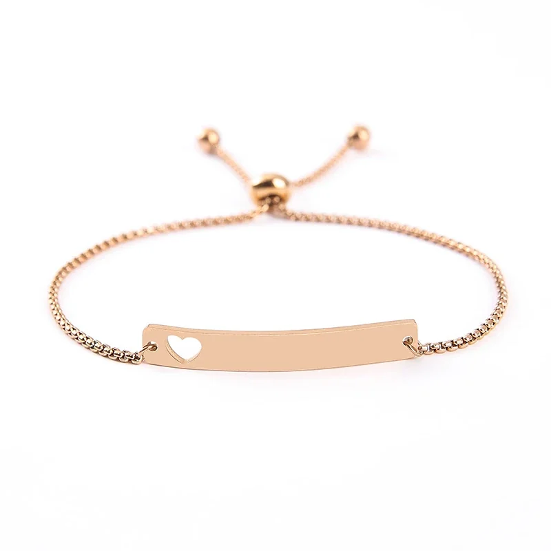 Bracelet Curved ID Bar with Openwork Motif, Stainless Steel - Rose Gold Openwork Heart Bar