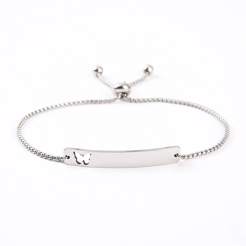 Bracelet Curved ID Bar with Openwork Motif, Stainless Steel - Silver Openwork Butterfly Bar