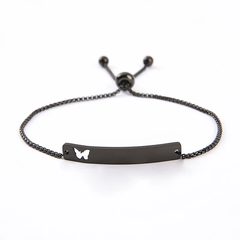 Bracelet Curved ID Bar with Openwork Motif, Stainless Steel - Black Openwork Butterfly Bar