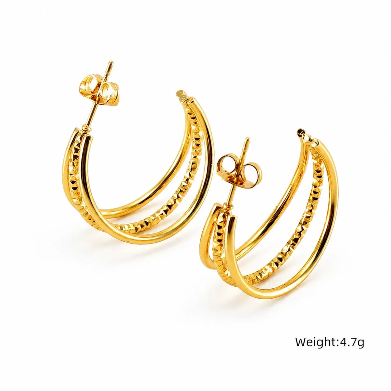 Layered Gold-Plated Triple Hoop Earrings - Gold Textured Triple Hoop