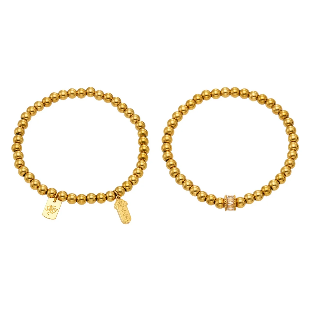 Pulseira de Contas Lucky Tag e Barril com Cristais em Aço Inoxidável 316 com PVD Dourado