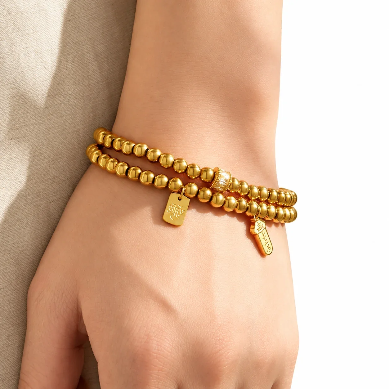 Bead Bracelet Lucky Tag Crystal Barrel 316 Stainless Steel Gold PVD