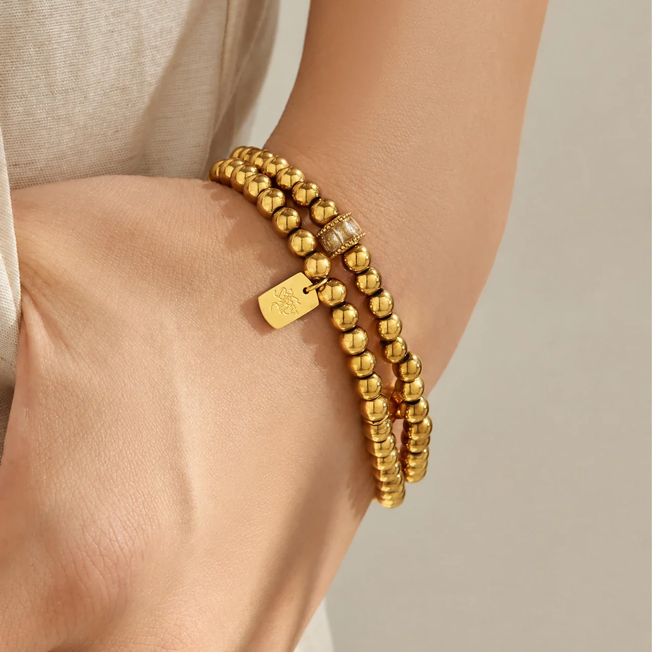 Bead Bracelet Lucky Tag Crystal Barrel 316 Stainless Steel Gold PVD