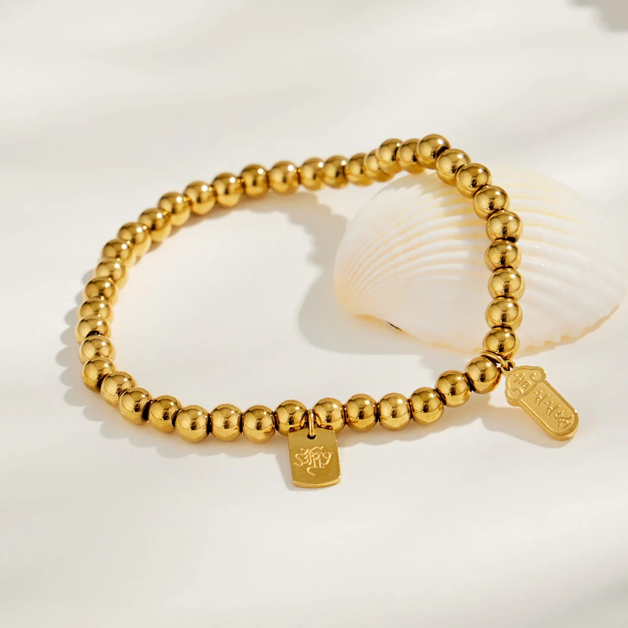 Bead Bracelet Lucky Tag Crystal Barrel 316 Stainless Steel Gold PVD