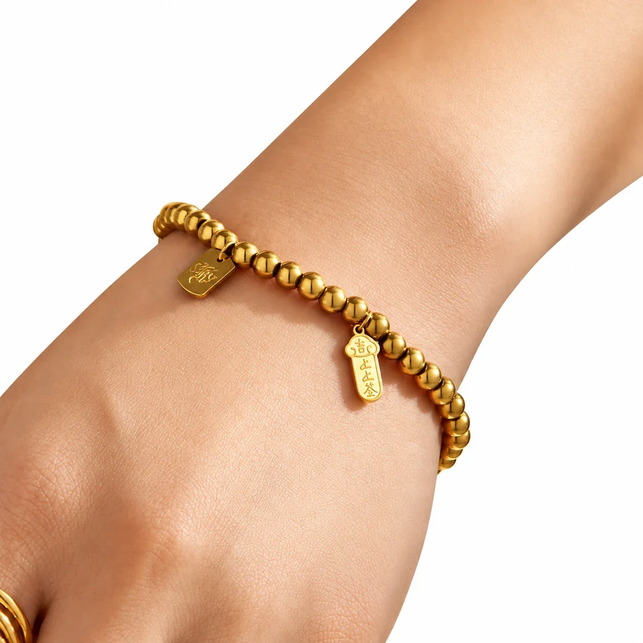 Bead Bracelet Lucky Tag Crystal Barrel 316 Stainless Steel Gold PVD