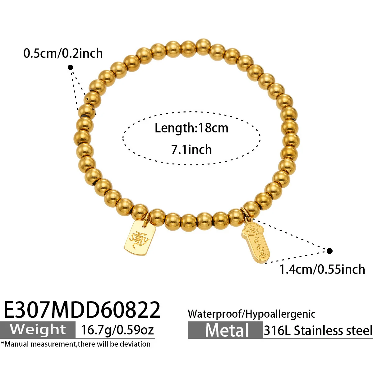 Bead Bracelet Lucky Tag Crystal Barrel 316 Stainless Steel Gold PVD - Dimensions