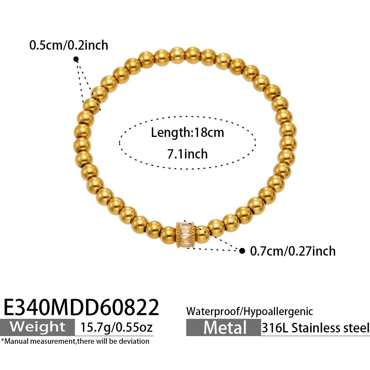 Bead Bracelet Lucky Tag Crystal Barrel 316 Stainless Steel Gold PVD - Dimensions