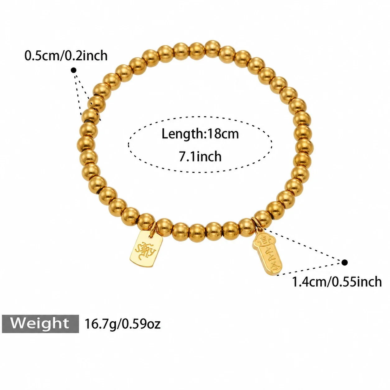 Bead Bracelet Lucky Tag Crystal Barrel 316 Stainless Steel Gold PVD - Gold Lucky Tag Beads, 18 cm