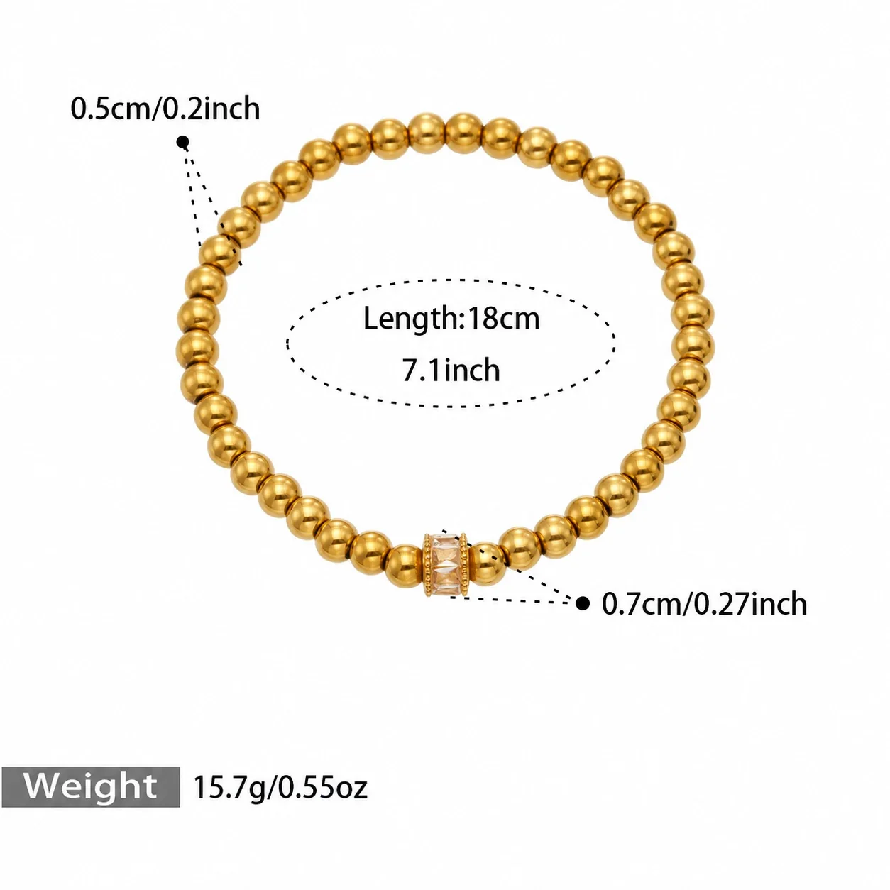 Bead Bracelet Lucky Tag Crystal Barrel 316 Stainless Steel Gold PVD - Gold Cubic Zirconia Beads, 18 cm