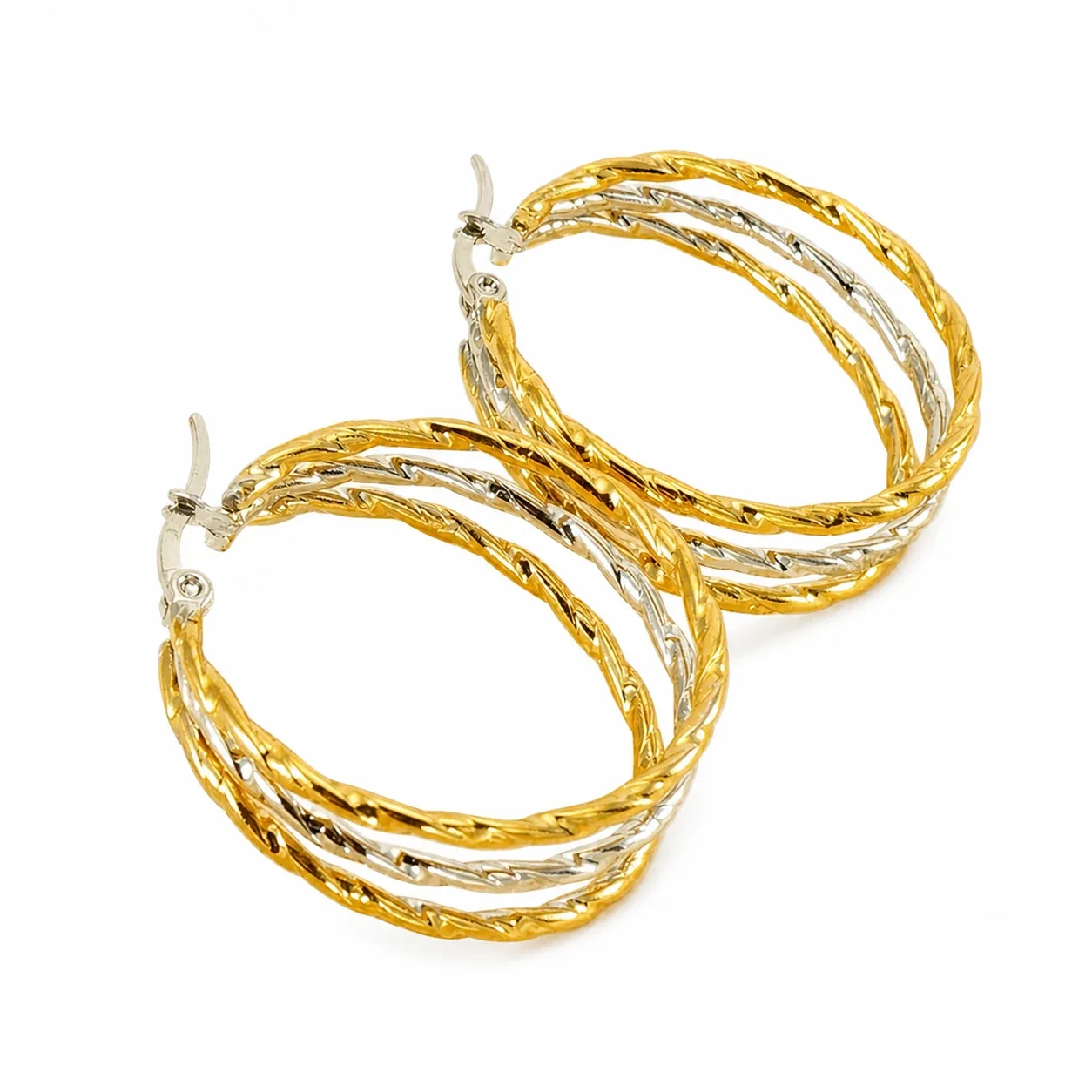 Textured Two-Tone Stainless Steel Multi-Hoop Earrings