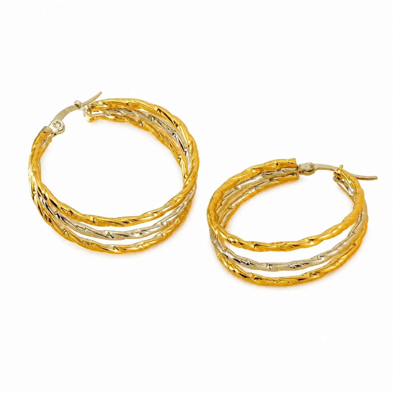 Textured Two-Tone Stainless Steel Multi-Hoop Earrings